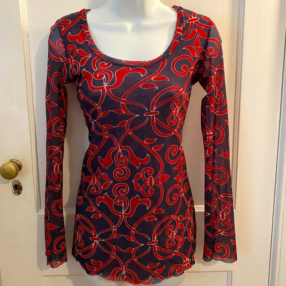 Sweet Pea Lined Mesh Navy/Red/White Long Sleeve Tunic, Size M